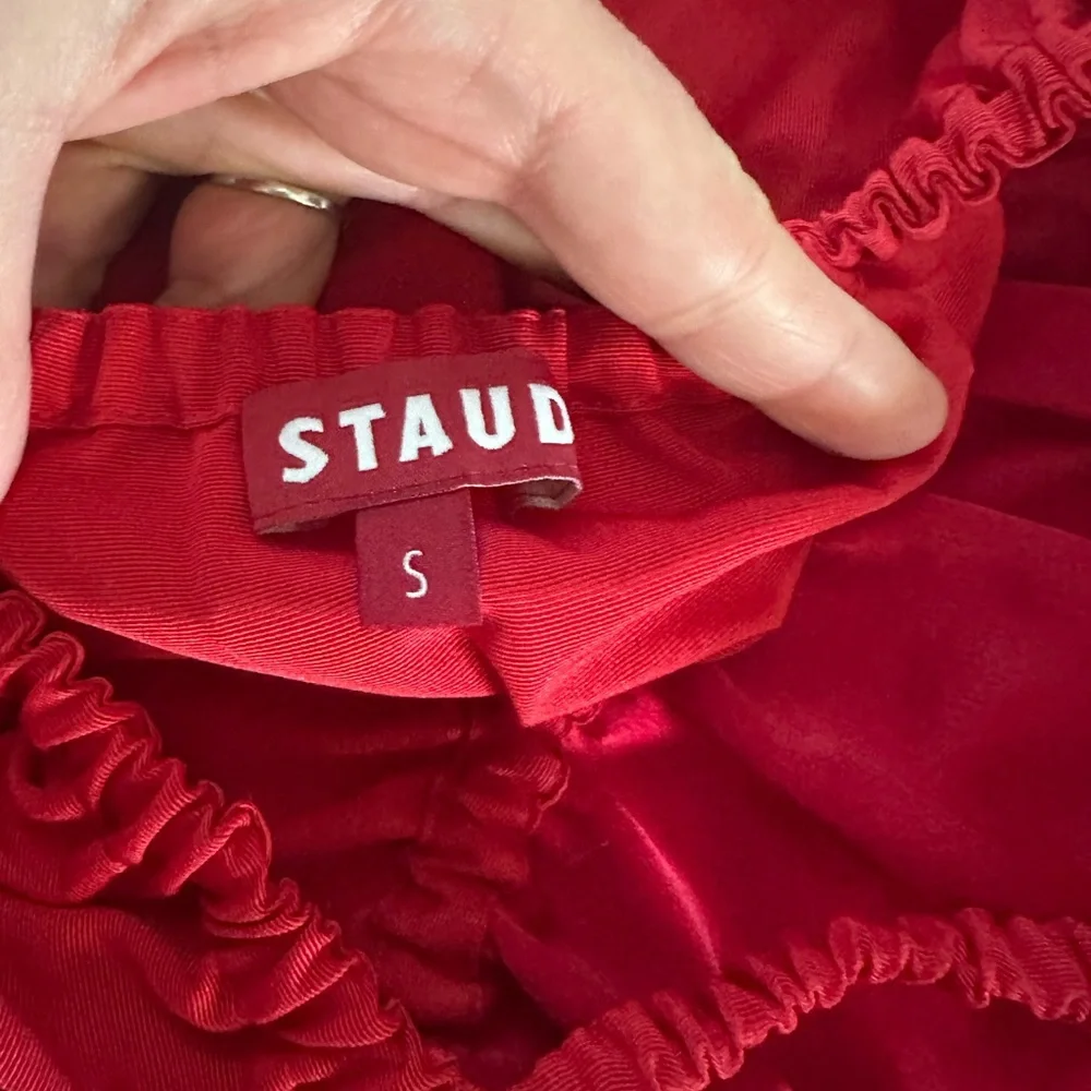 STAUD Red Puff Sleeve Peplum Blouse CrissCross Open Back Size Small